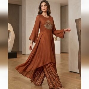 Brown Asymmetrical Tiered Long Sleeve Indian Punjabi Suit- S Like New